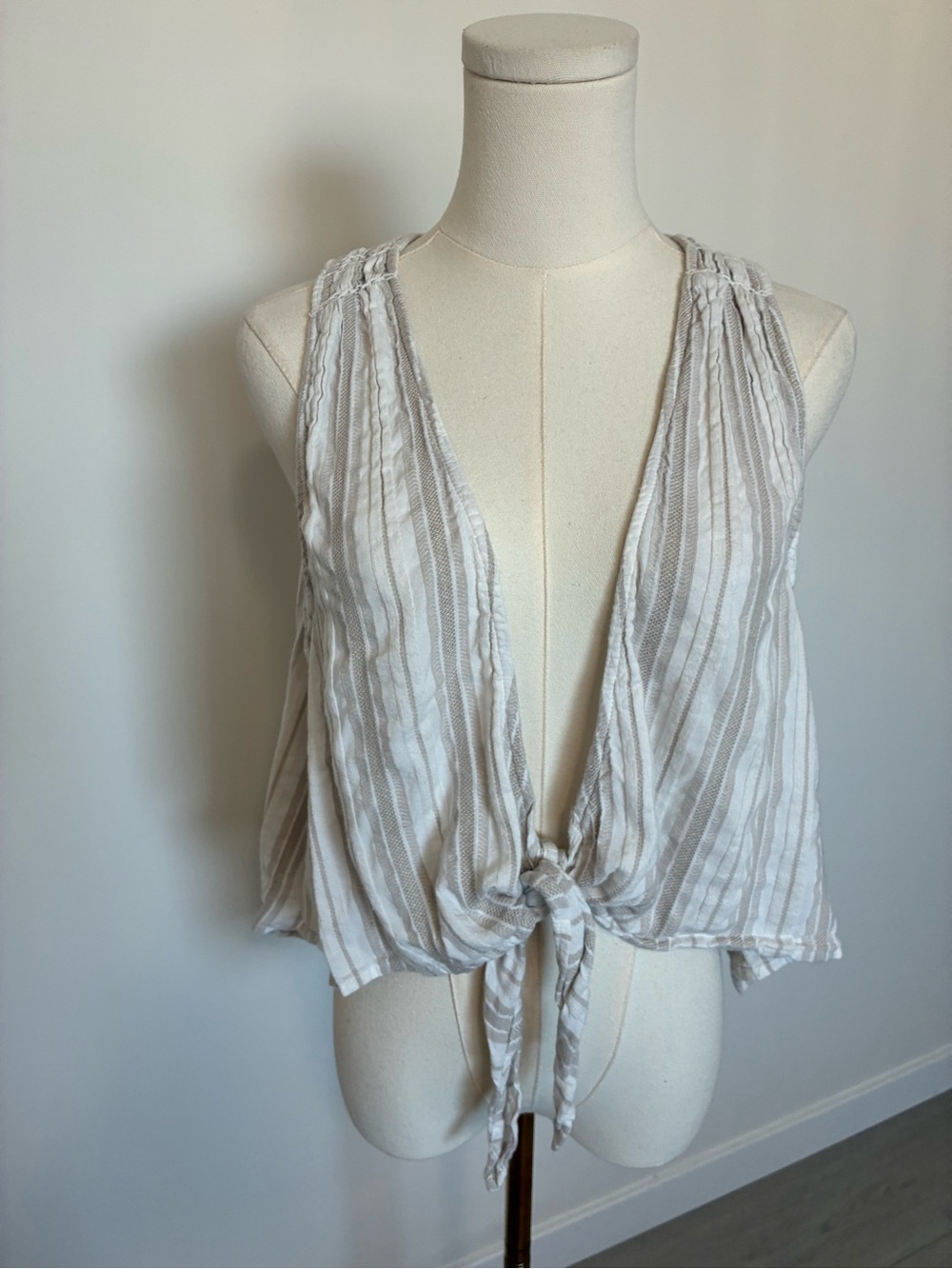 Free People Cream & Tan Striped Tie-Front Flowy Vest Cover up